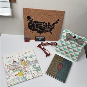 OFFICE BUNDLE CORK BOARD, JOURNAL, READING GLASSES, COLORING BOOK & CLIPBOARD